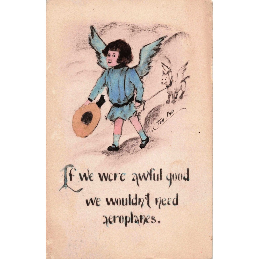 Tom Yad Comic Postcard 1911 Winged Child Angel Dog Aeroplane Butler PA RPPC